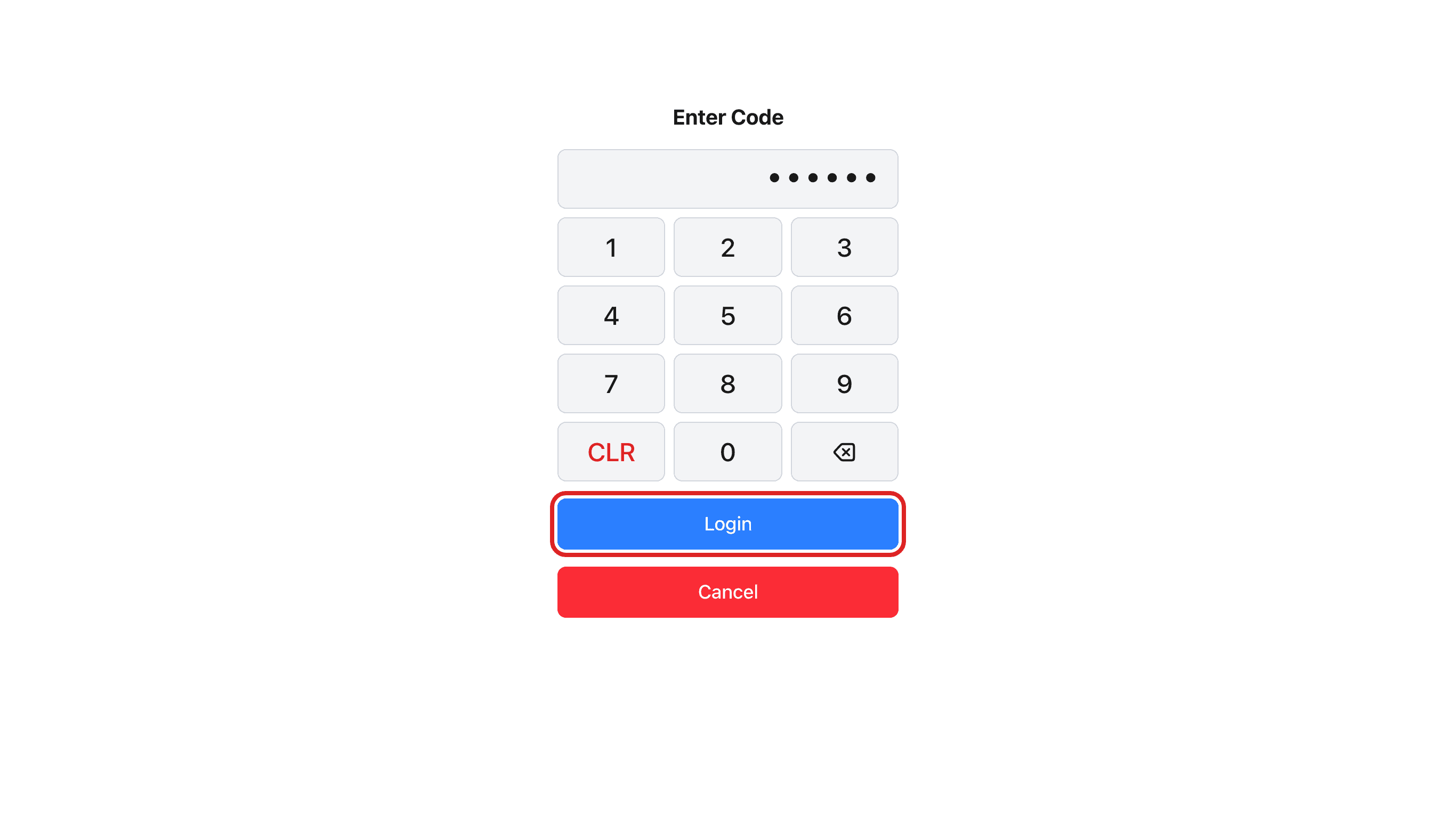Enter Code 숫자 패드. 코드는 점으로 표시되고 Login 버튼에 빨간 테두리