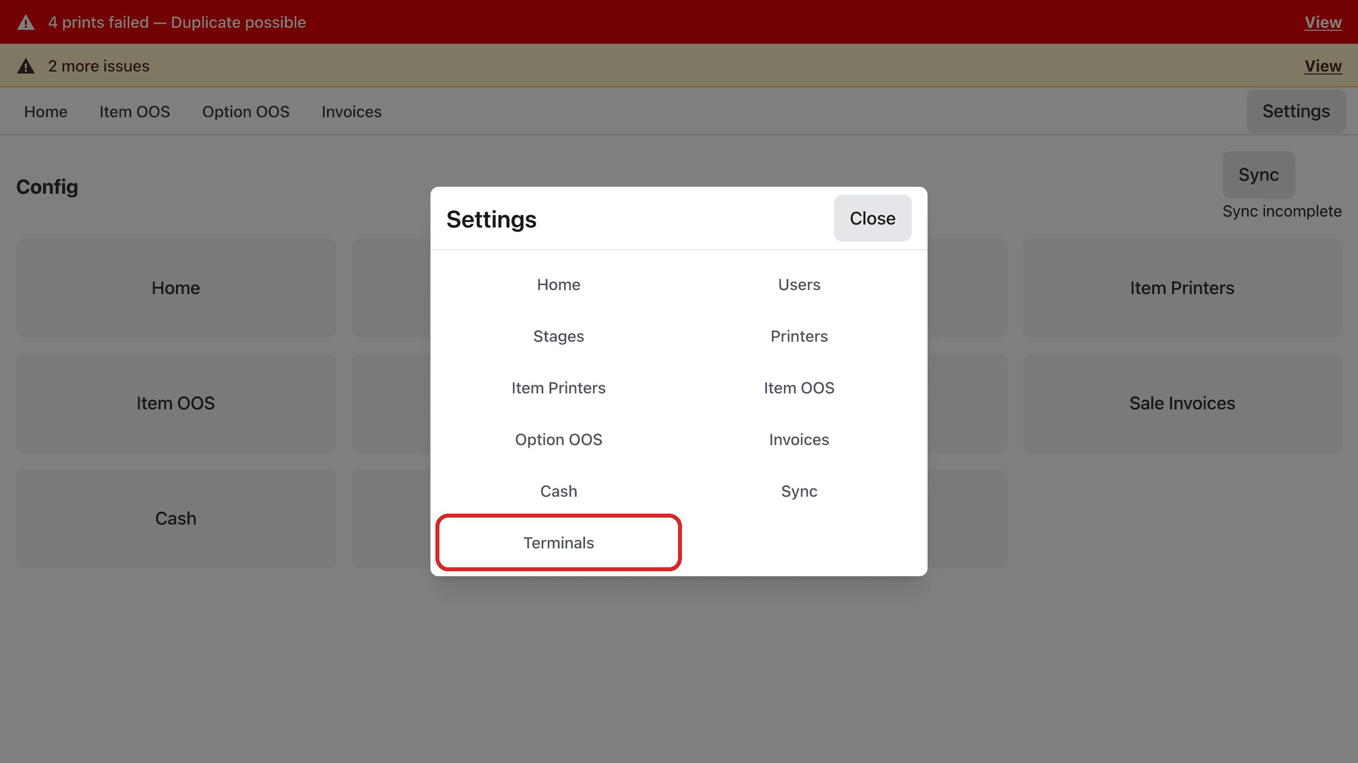 Settings 메뉴 창. Terminals 항목에 빨간 테두리