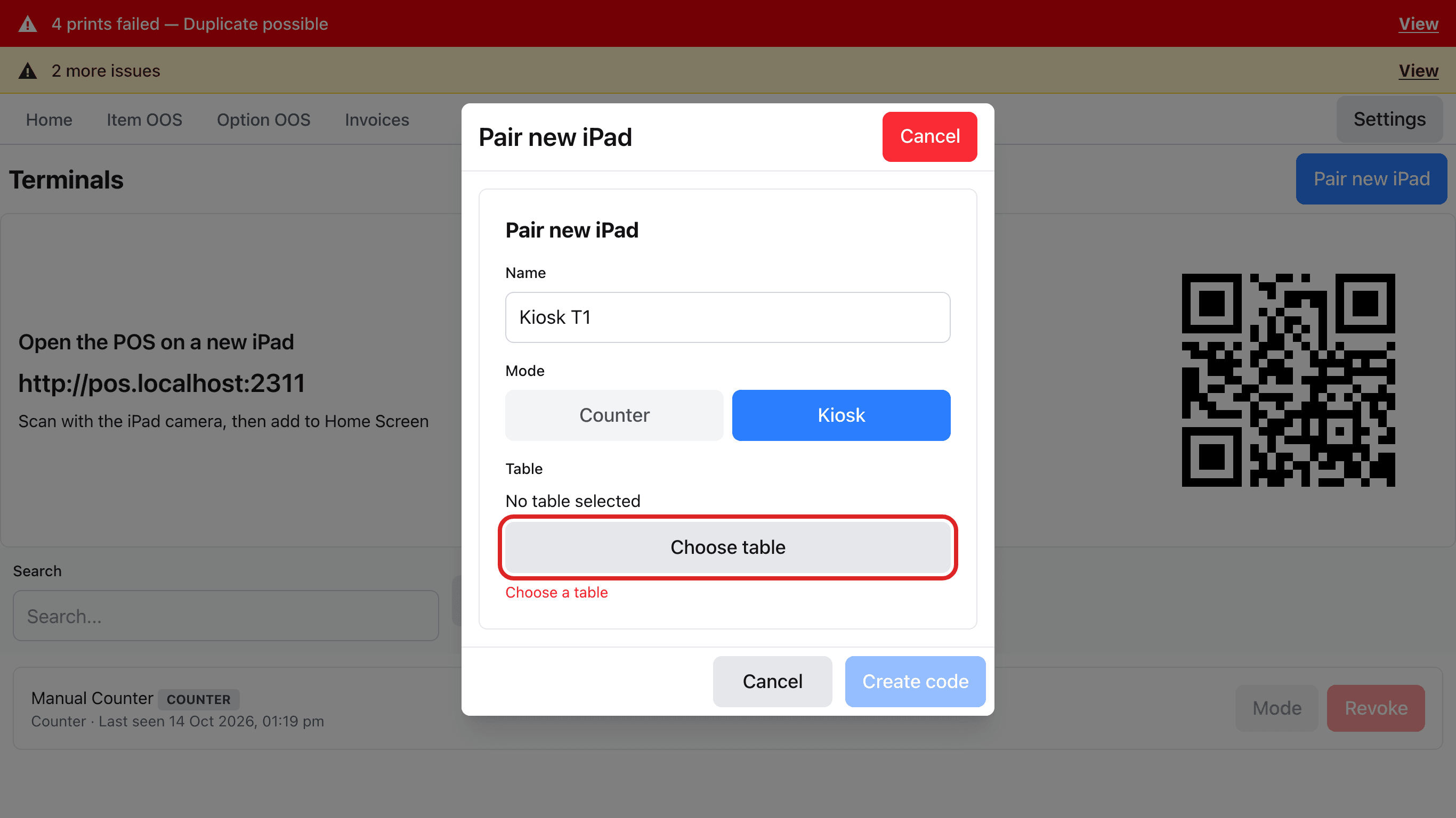 Pair new iPad 입력 창. Name, Mode는 Kiosk, Choose table 버튼에 빨간 테두리