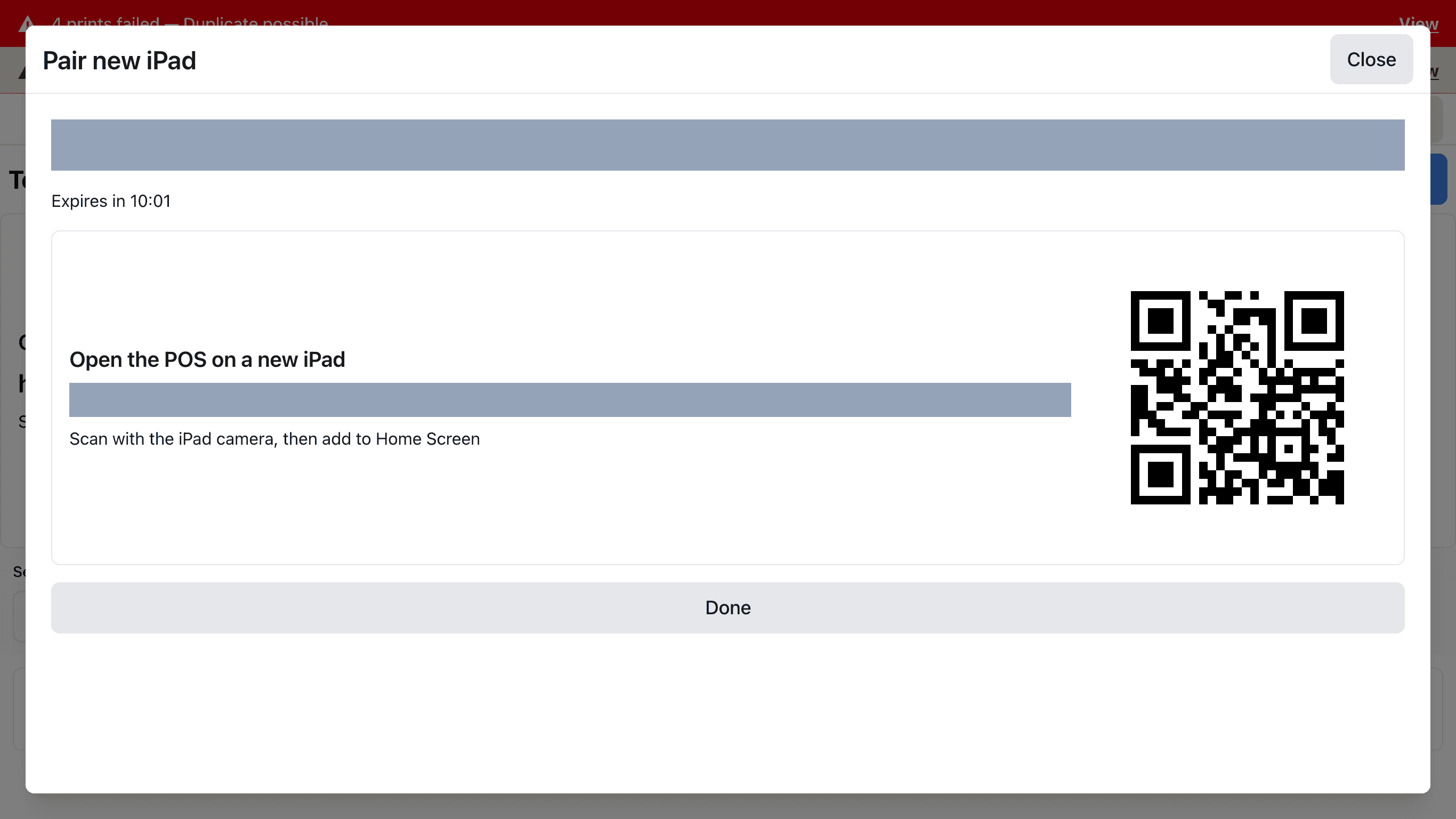 Pair new iPad 창. 코드 자리는 회색으로 가려져 있고 Expires in 남은 시간, 아래 Open the POS on a new iPad 칸(QR 코드는 보이고 주소는 회색으로 가림)과 Done 버튼