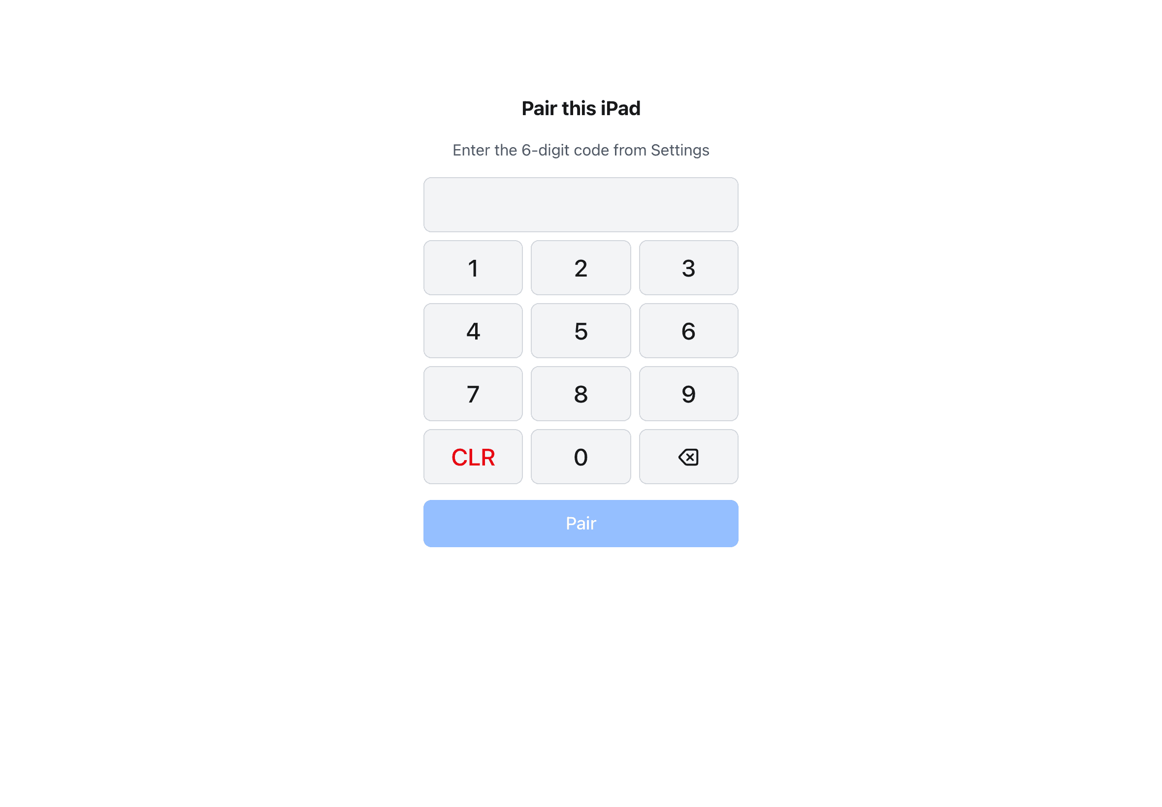 새 아이패드의 Pair this iPad 화면. 빈 숫자 패드와 Pair 버튼
