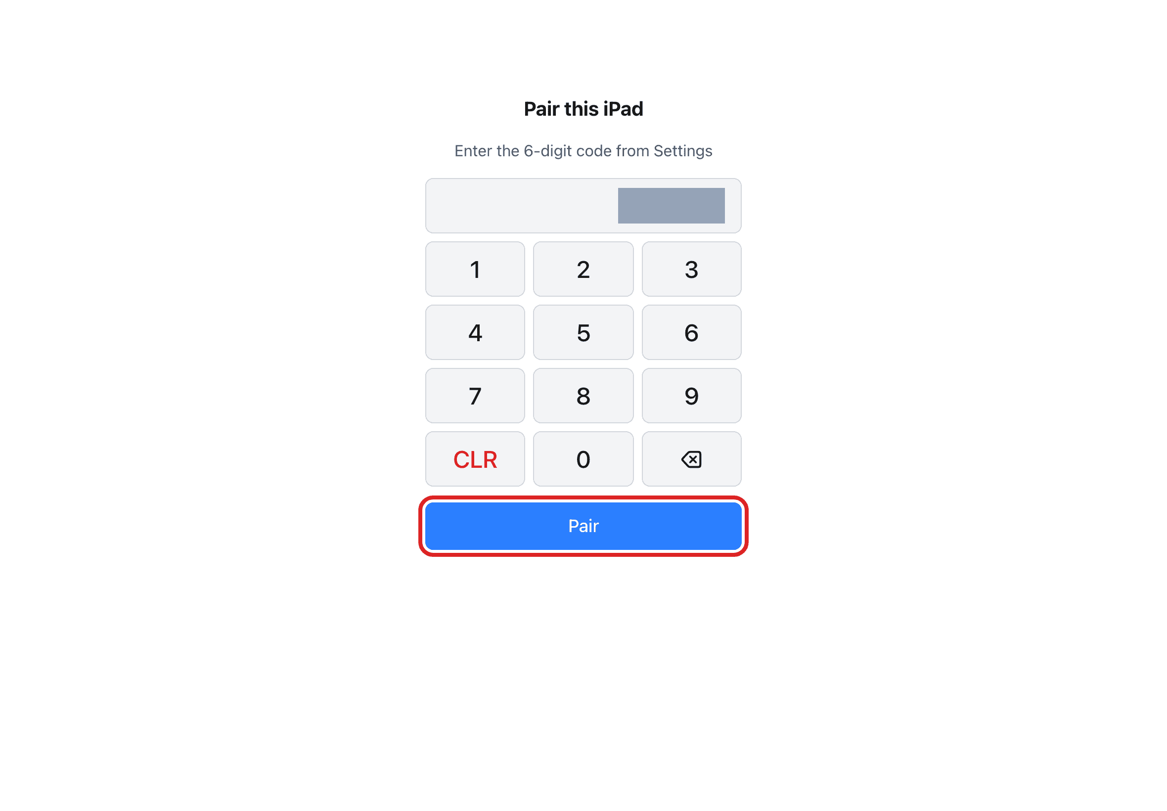 Pair this iPad 화면. 입력한 코드는 회색으로 가려져 있고 Pair 버튼에 빨간 테두리