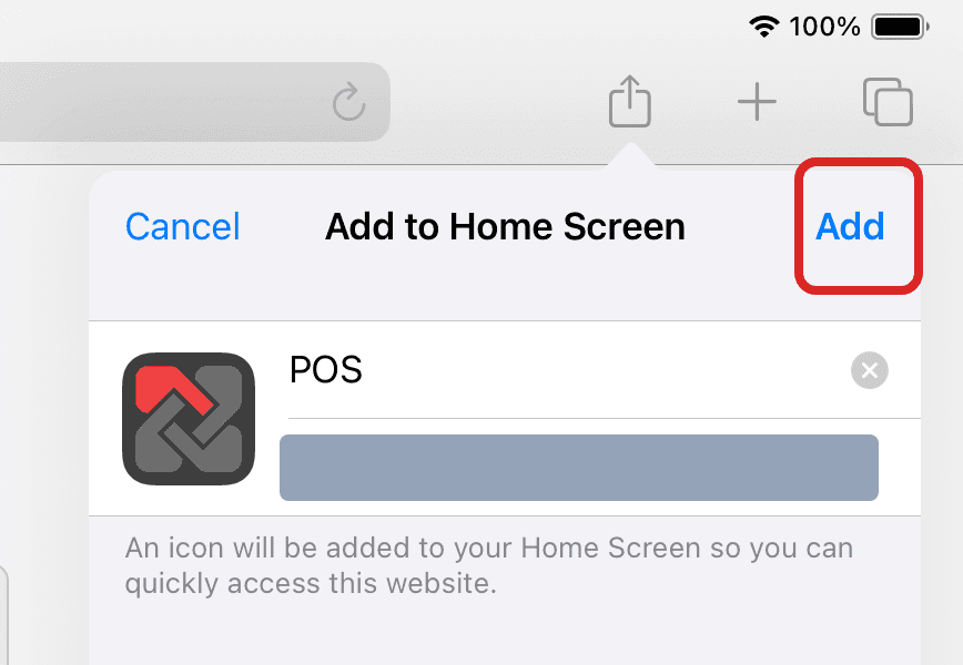 Add to Home Screen 창. 이름 POS, 아래 주소 줄은 회색으로 가려져 있고 Add 버튼에 빨간 테두리