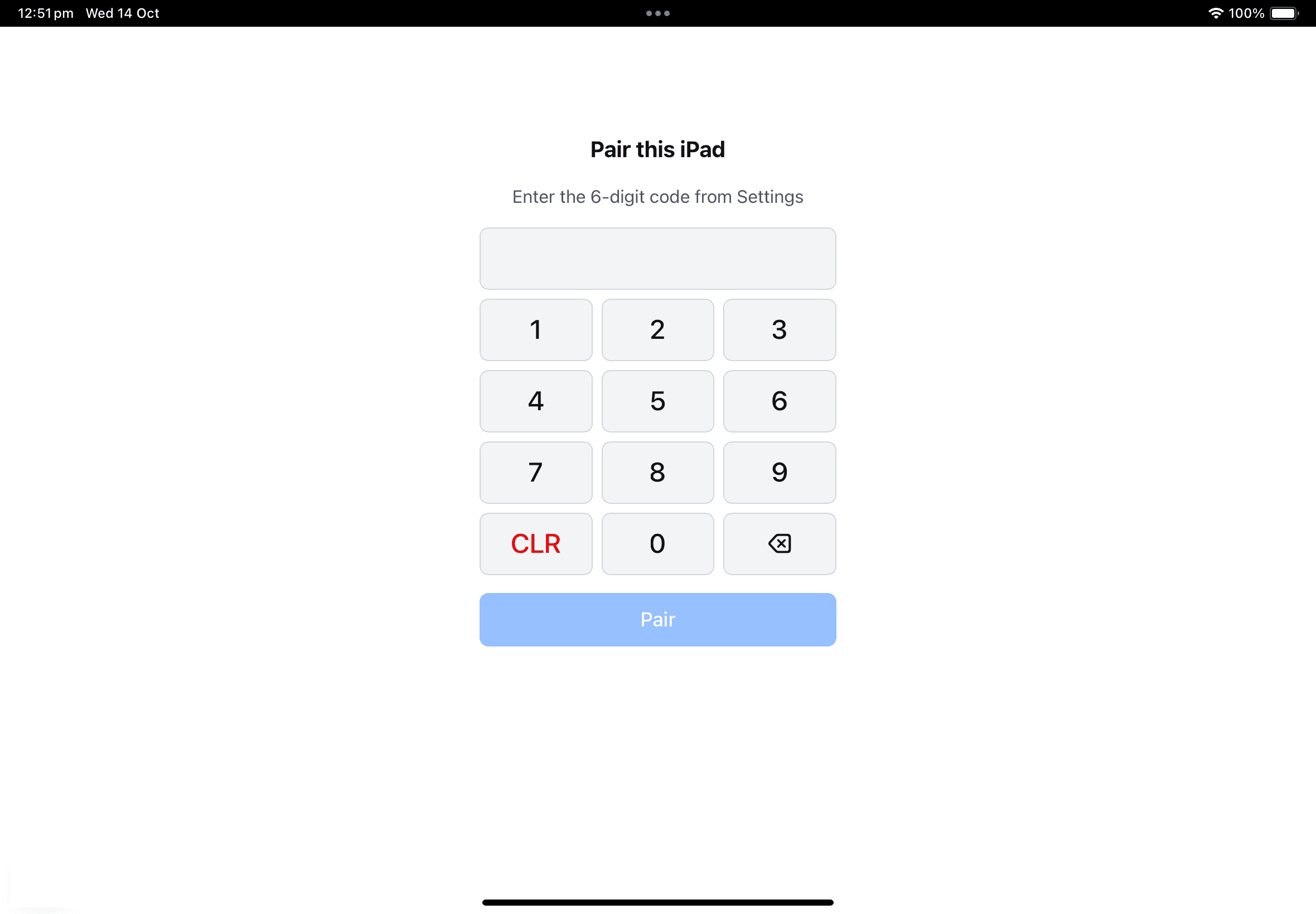 홈 화면 아이콘으로 연 POS. Safari 주소창 없이 Pair this iPad 숫자 패드만 보임