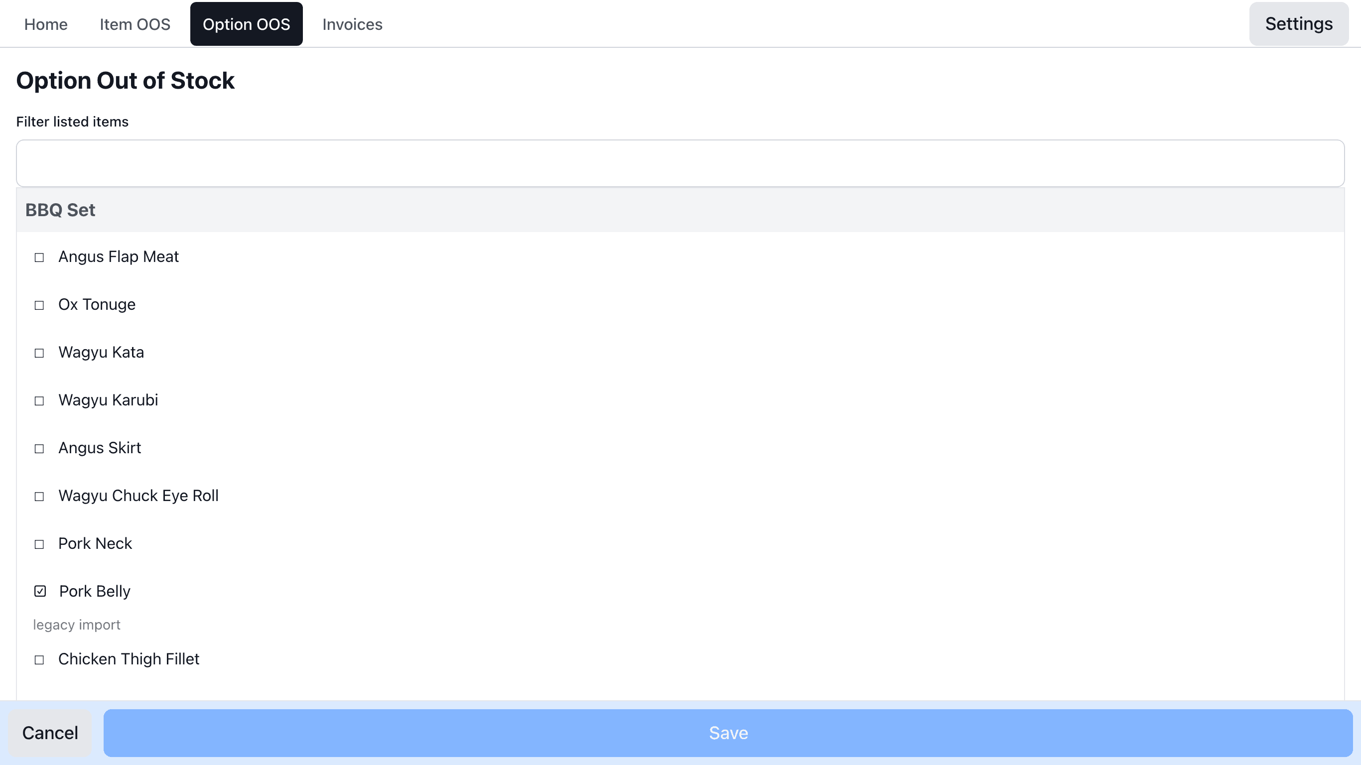 Option Out of Stock 화면. 옵션 체크 목록과 아래 Save