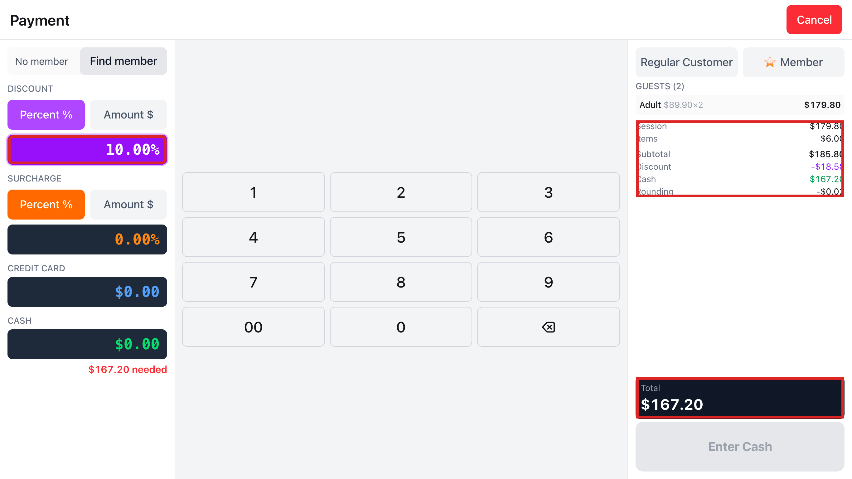 Payment 화면. Discount 칸에 10.00%, 계산서의 Discount 줄과 Total에 빨간 테두리
