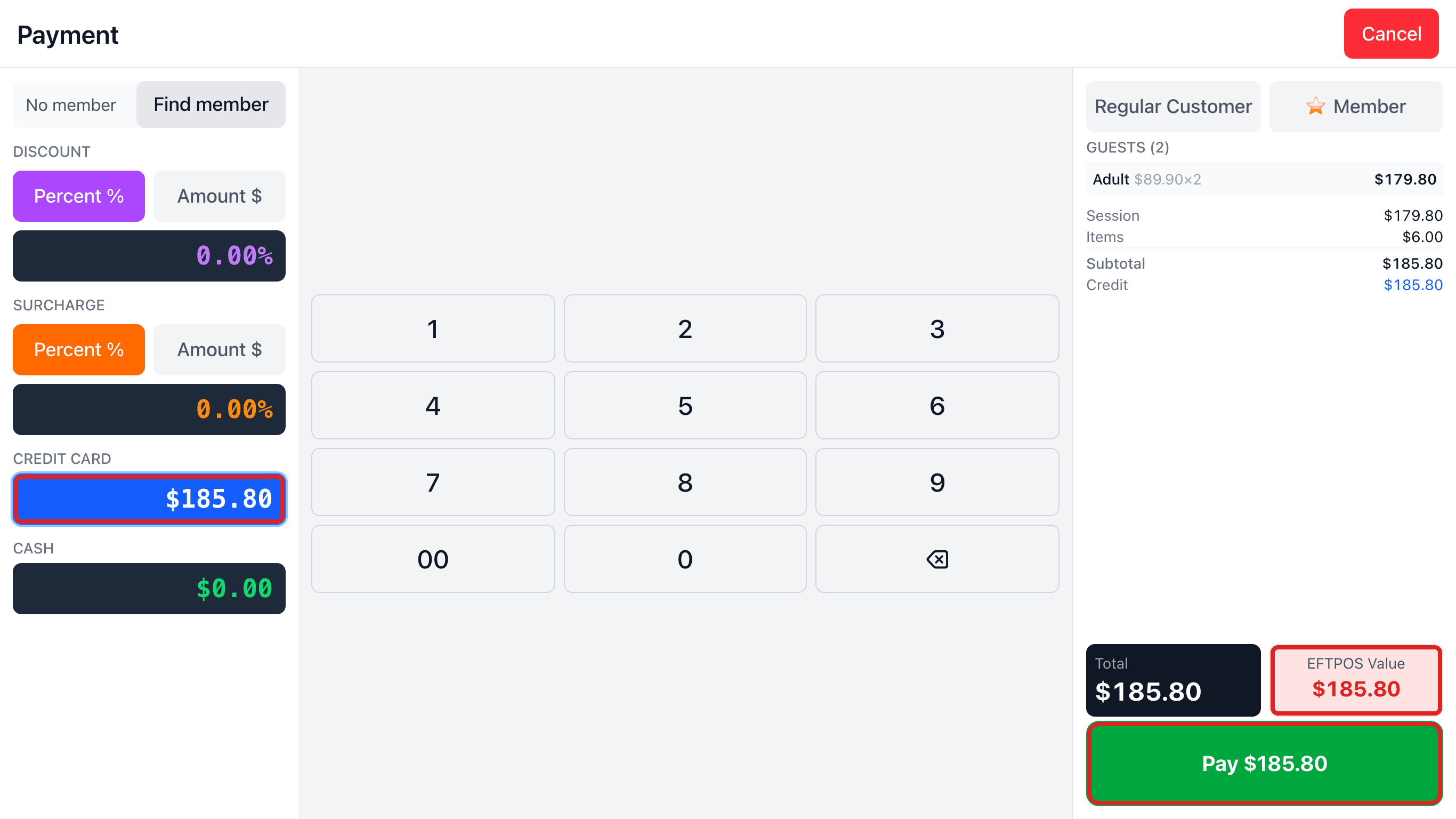 Payment 화면. Credit Card 칸, 오른쪽 EFTPOS Value 상자, 아래 Pay 버튼에 빨간 테두리