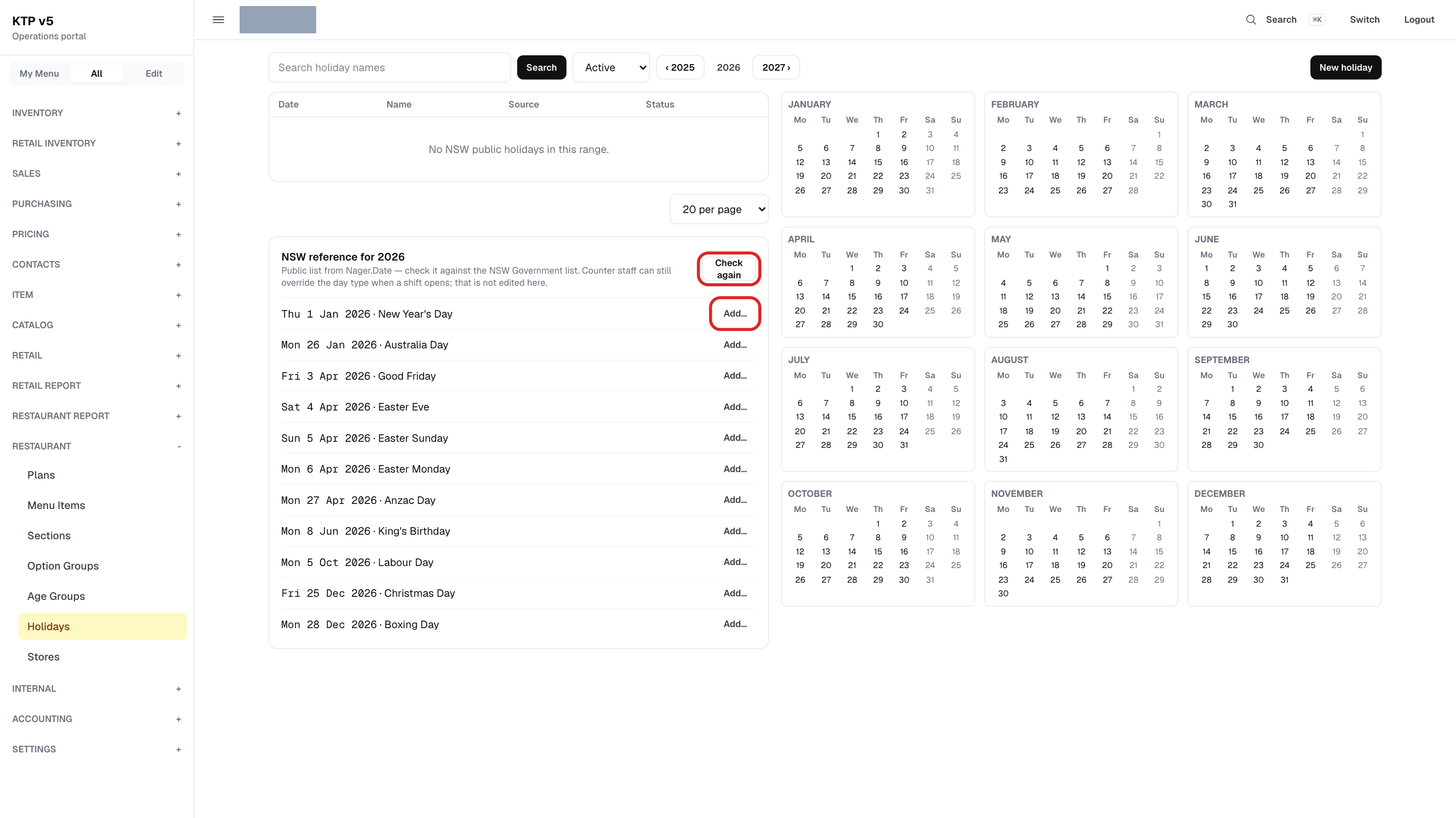 NSW reference 칸에 그 해 NSW 공휴일이 날짜 · 이름으로 나열됨. Check again 버튼과 첫 줄 Add… 버튼에 빨간 테두리
