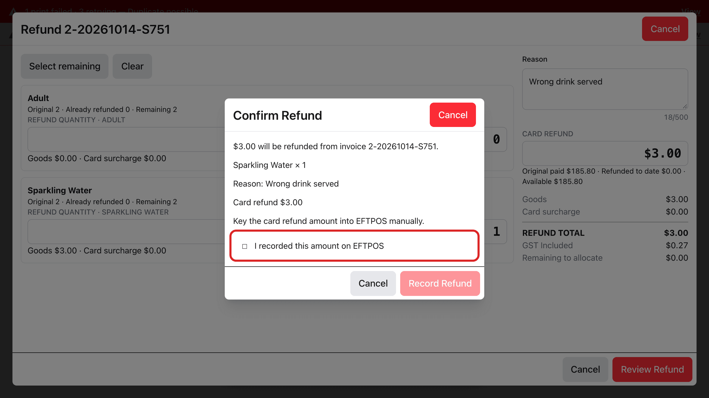 Confirm Refund 창. 환불 내용과 I recorded this amount on EFTPOS 체크 칸에 빨간 테두리