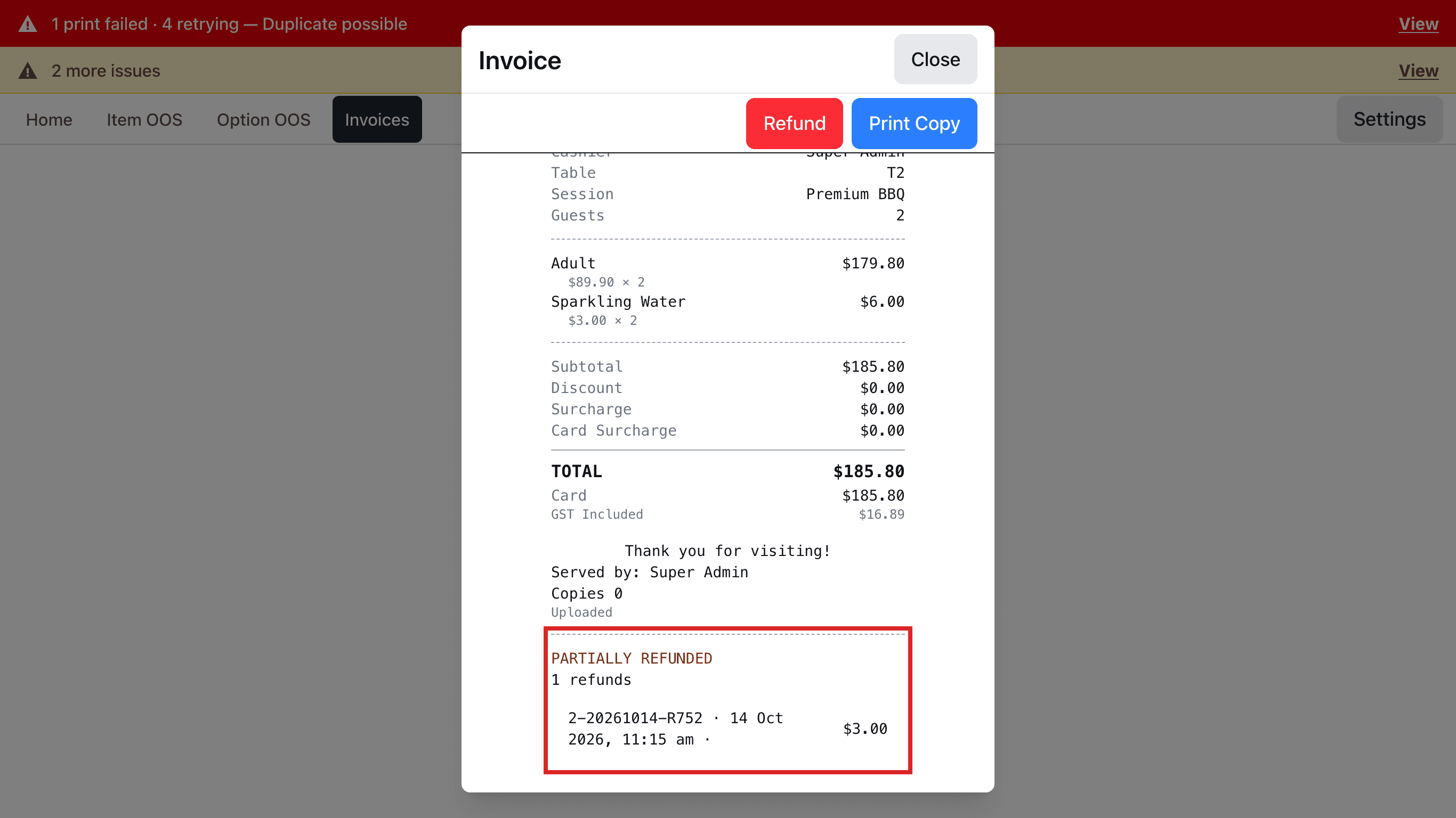 원래 Invoice 창. 맨 아래 PARTIALLY REFUNDED와 환불 문서 줄이 있는 환불 기록에 빨간 테두리