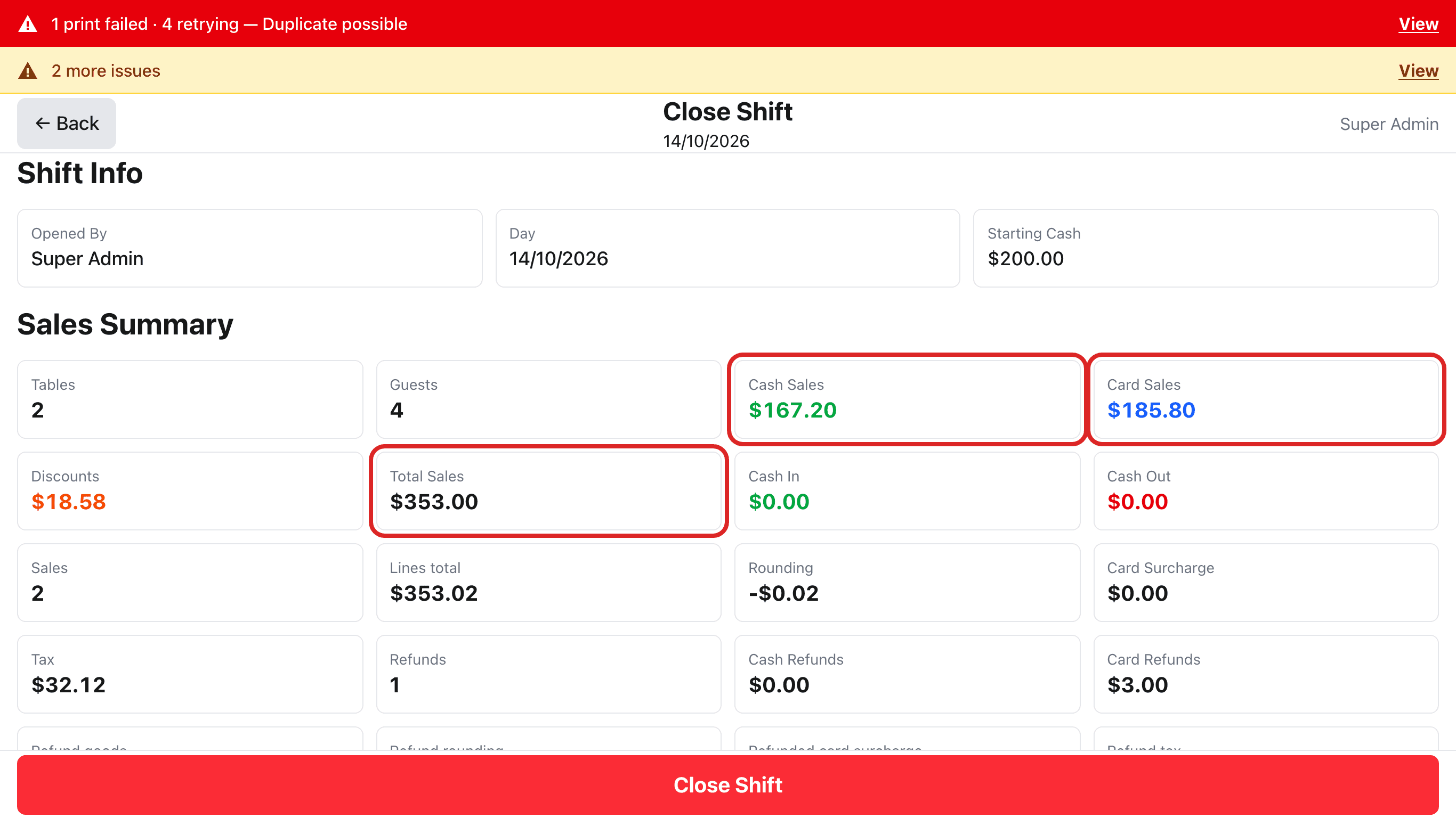 Close Shift 화면 가운데. Shift Info와 Sales Summary 숫자 상자들, Cash Sales · Card Sales · Total Sales에 빨간 테두리