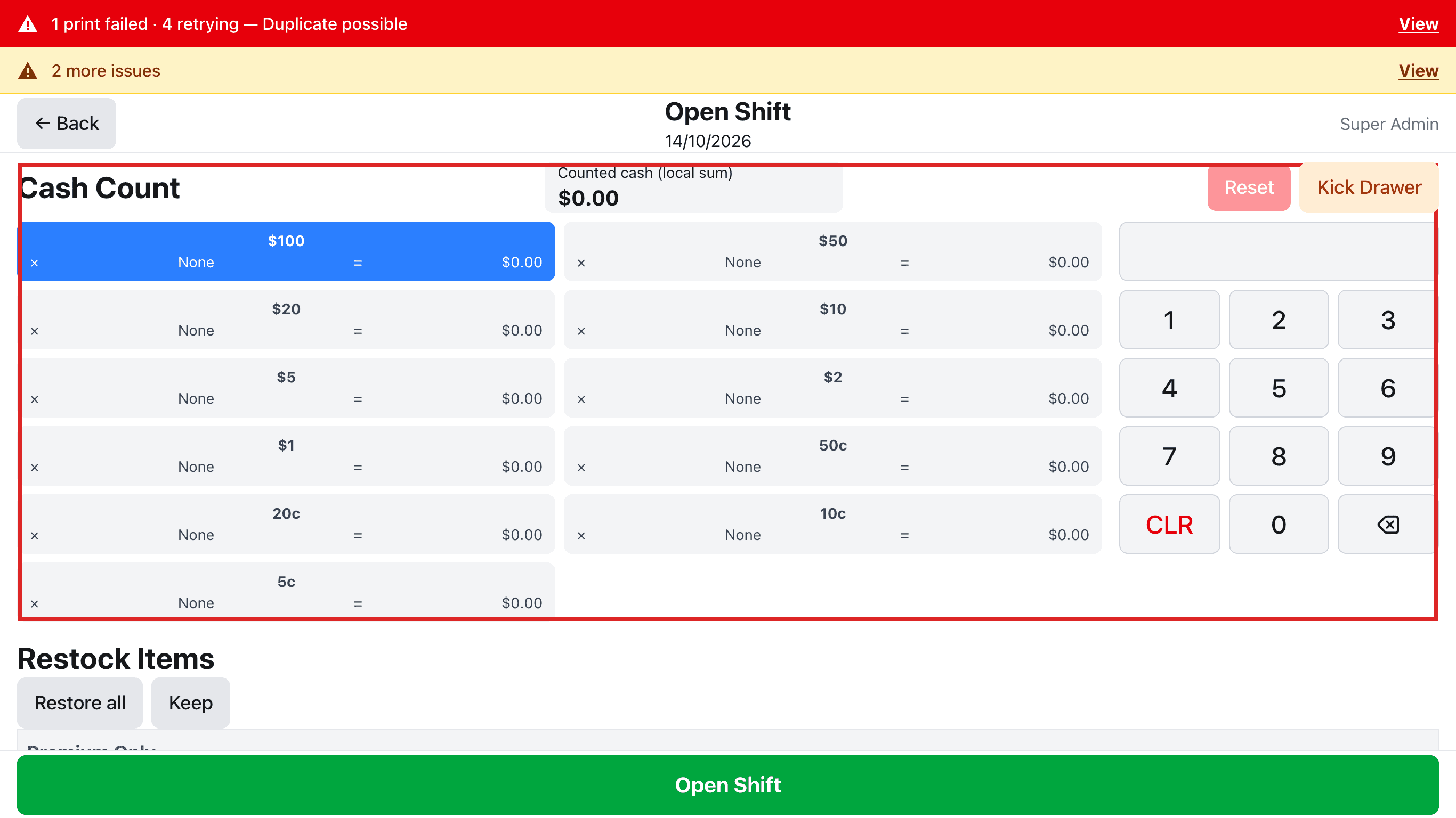Open Shift 화면. 지폐·동전 칸과 숫자 키가 있는 Cash Count에 빨간 테두리
